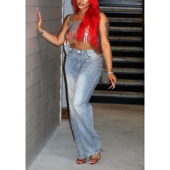 Women’s Rhinestone Glitter Jeans Baggy High Waist Wide Leg Y2K Style - Picture 6 of 8